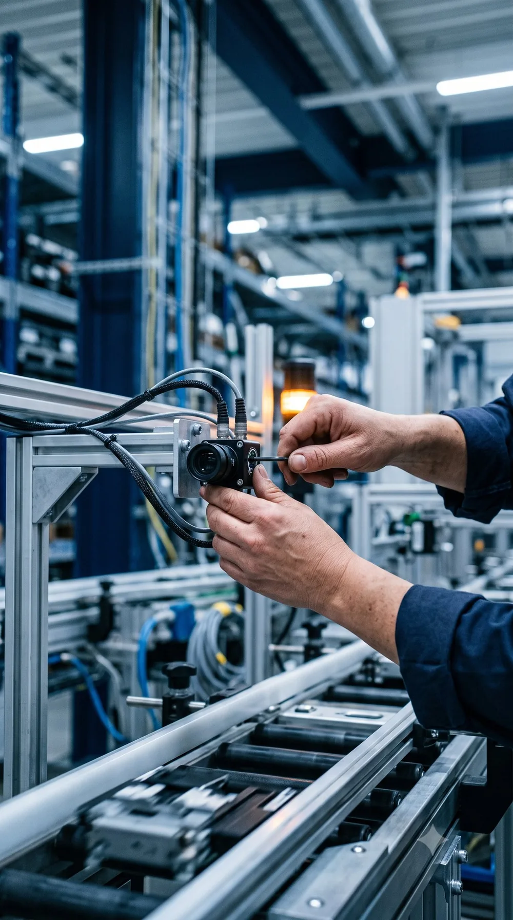 Technician calibrating a machine vision sensor on an automated conveyor line
